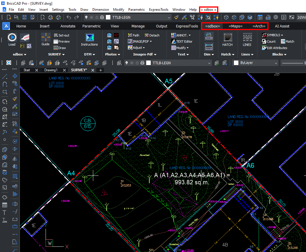 SDBOX Ribbon tabs and menu in BricsCAD