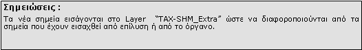 Πλαίσιο κειμένου: Σημειώσεις :Τα νέα σημεία εισάγονται στο Layer  “TAX-SHM_Extra” ώστε να διαφοροποιούνται από τα σημεία που έχουν εισαχθεί από επίλυση ή από το όργανο.