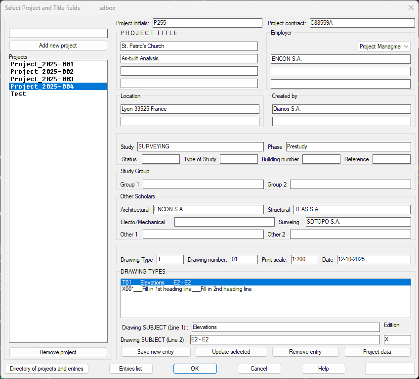 Project and drawing management dialog