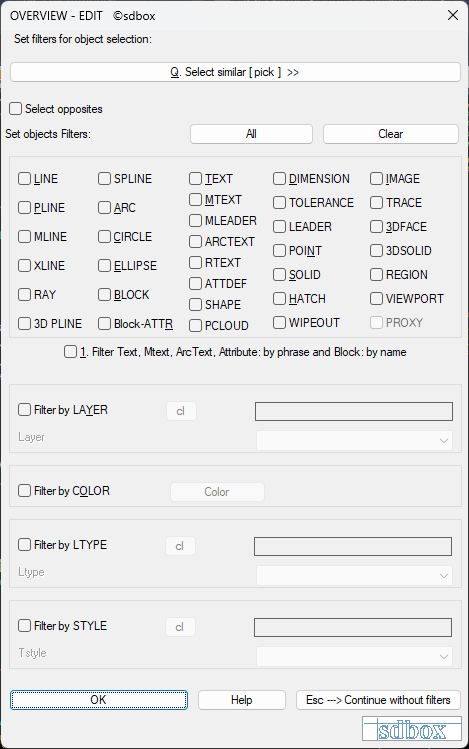 Selection filters interface