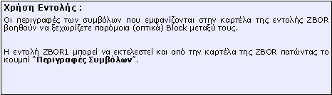 Πλαίσιο κειμένου: Xρήση Εντολής :Οι περιγραφές των συμβόλων που εμφανίζονται στην καρτέλα της εντολής ZBOR βοηθούν να ξεχωρίζετε παρόμοια (οπτικά) Block μεταξύ τους.Η εντολή ZBOR1 μπορεί να εκτελεστεί και από την καρτέλα της ZBOR πατώντας το κουμπί “Περιγραφές Συμβόλων”.