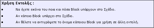 Πλαίσιο κειμένου: Xρήση Εντολής :Να έχετε εικόνα του ποια και πόσα Block υπάρχουν στο Σχέδιο.Αν κάποιο Block υπάρχει στο Σχέδιο.Αν θέλετε να αντιγράψετε το όνομα κάποιου Block για χρήση σε άλλη εντολή.